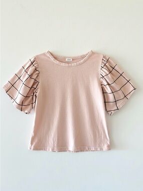 Stem Pink Contrast Puff Sleeve Grid Top Girls Size 5 Cotton